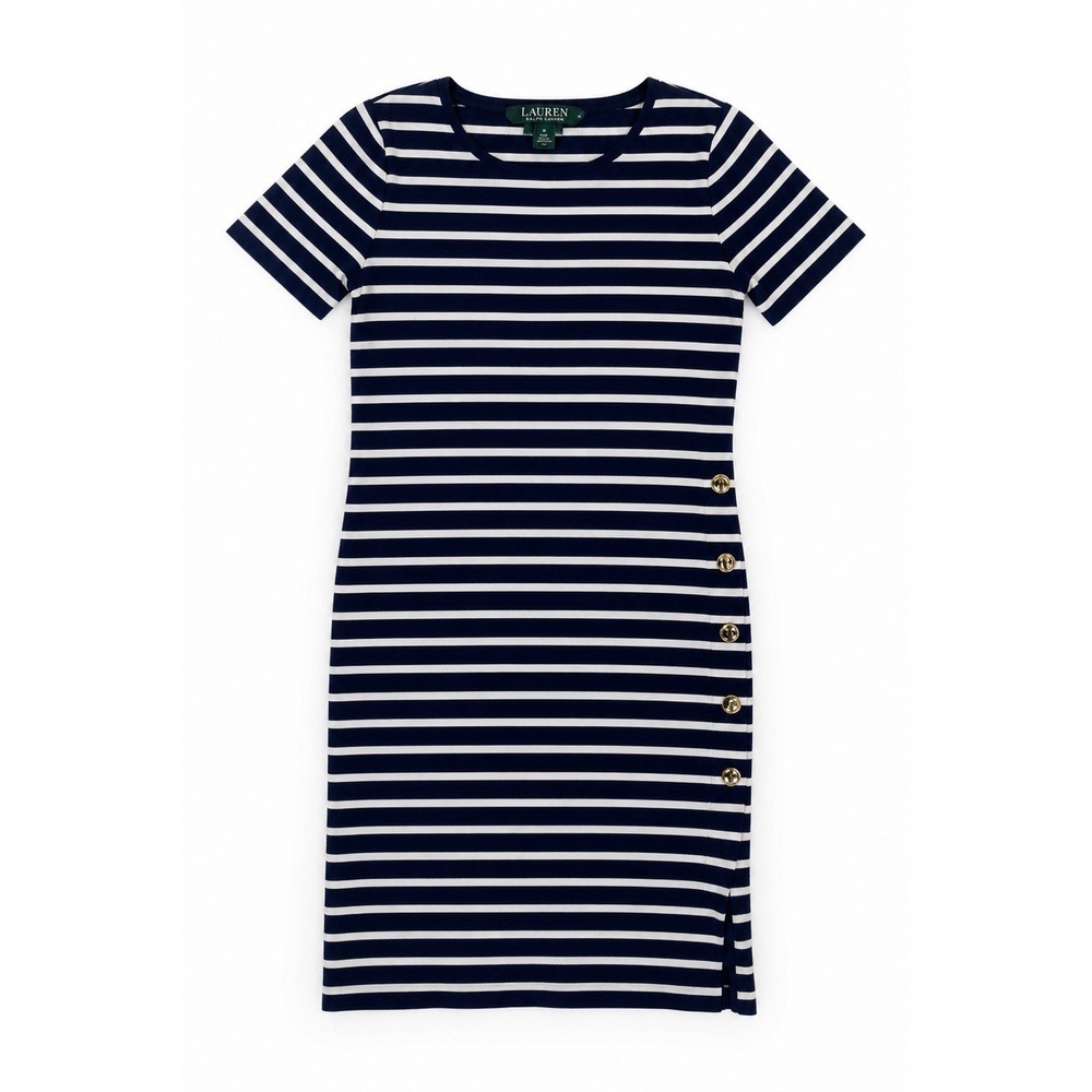 Lauren Ralph Lauren Dress Womens M Blue White Striped Nautical Knit Gold Button